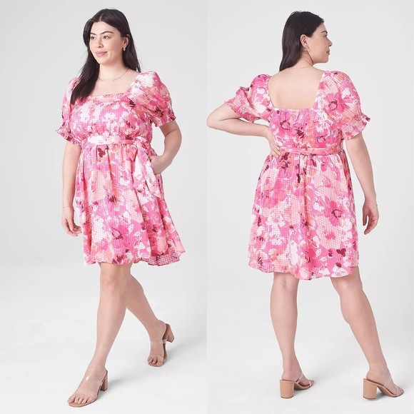 Lane Bryant Dresses & Skirts - Lane Bryant PINK Smocked Cuff-Sleeve Square-Neck Fit & Flare Dress size 26 NWOT
